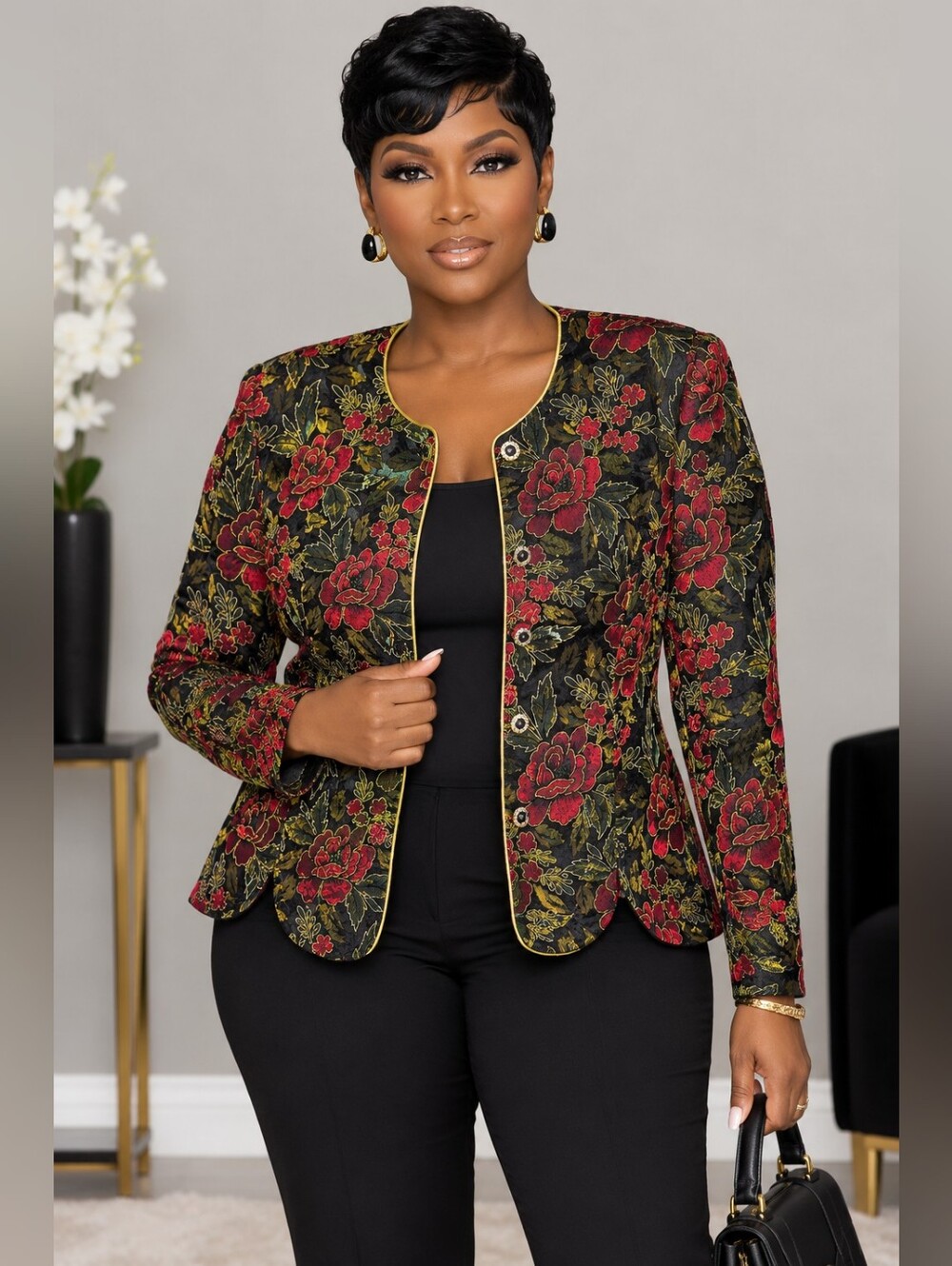 Black Quilted Floral Jacket with Red Rose Embroidery (NWT) 👀🔥